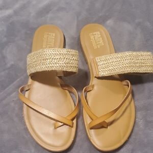 Farylrobin Tan Braided Strap Slide Sandals with Crisscross Toe-Strap